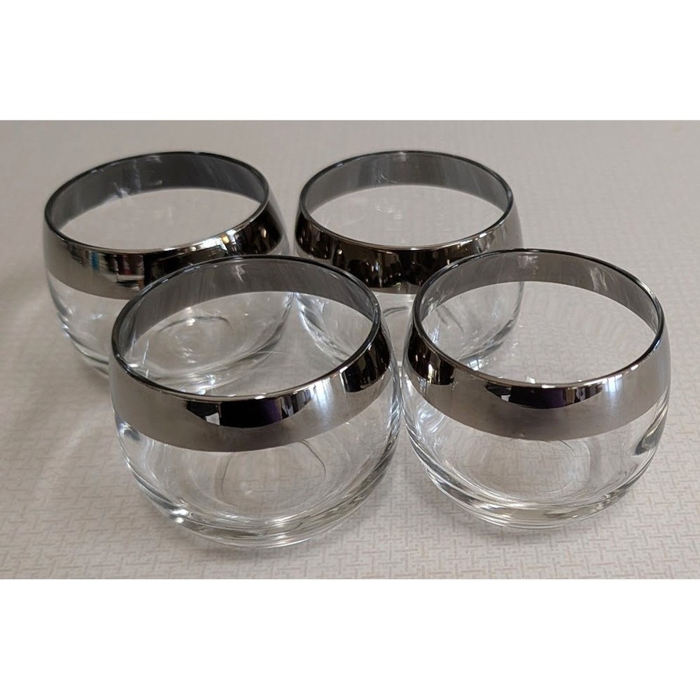 Mid Century Silver Band Roly Poly Glasses Dorothy Thorpe 1950s, 4 oz, Set of 4